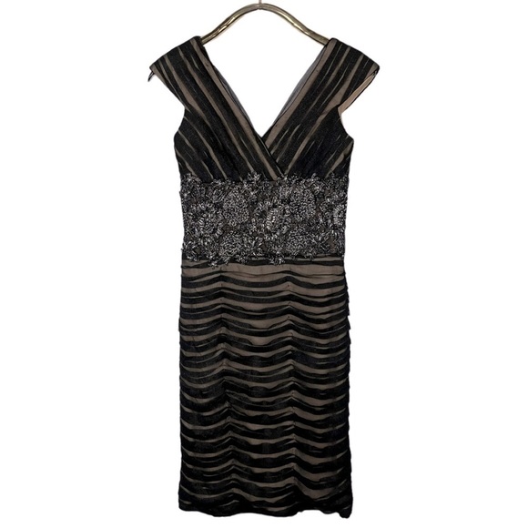 JOVANI V-NECK RUCHED FLORAL LACE BEADED BANDED WAIST ILLUSION SHEATH DRESS - Picture 7 of 16